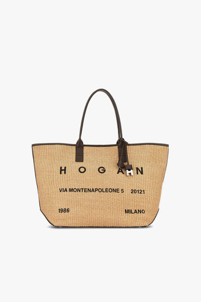 Borsa shopping media in rafia con lettering stampato e profili in pelle