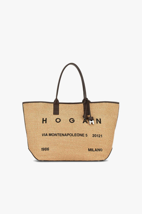 Borsa shopping media in rafia con lettering stampato e profili in pelle
