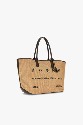 Borsa shopping media in rafia con lettering stampato e profili in pelle - 2