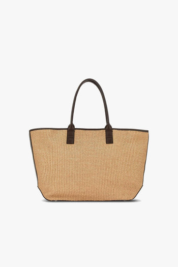 Borsa shopping media in rafia con lettering stampato e profili in pelle - 3