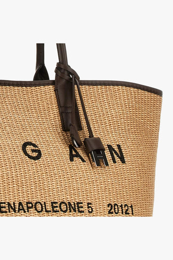 Borsa shopping media in rafia con lettering stampato e profili in pelle - 6