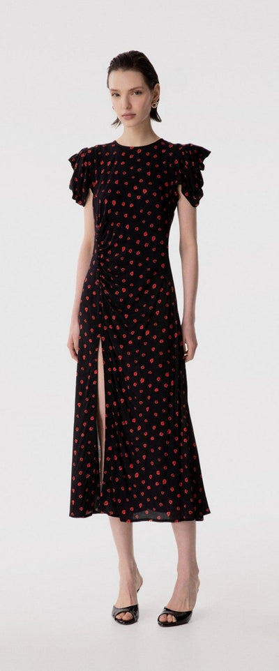 Abito midi Kristel in viscosa con drappeggio e stampa rose