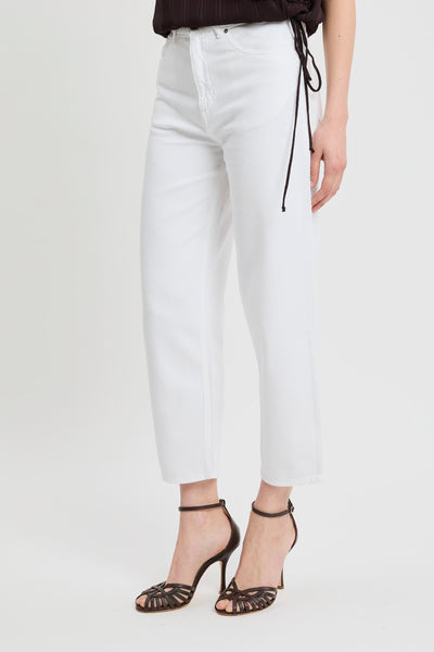 Pantalone 5 tasche in bull di cotone con gamba larga e cuciture a contrasto