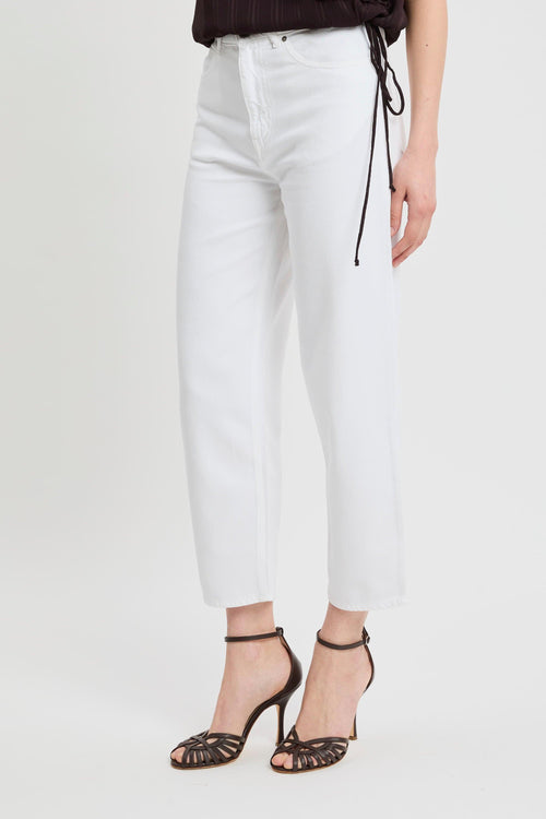 Pantalone 5 tasche in bull di cotone con gamba larga e cuciture a contrasto