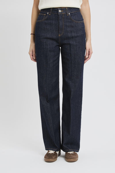 Jeans in denim scuro con gamba larga e vita alta