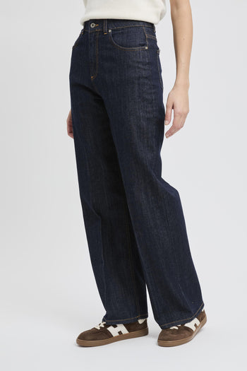 Jeans in denim scuro con gamba larga e vita alta - 3