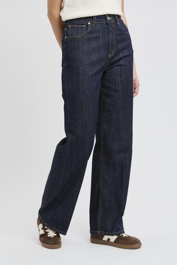 Jeans in denim scuro con gamba larga e vita alta - 5