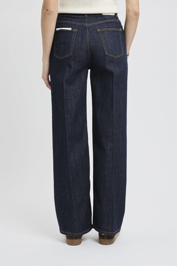 Jeans in denim scuro con gamba larga e vita alta - 6