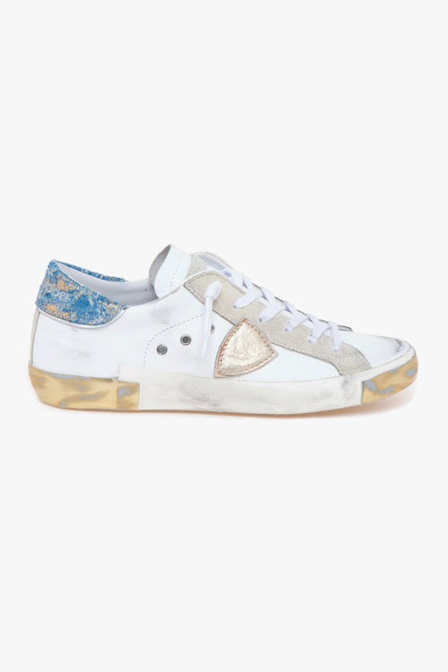 Sneaker Prsx in pelle con talloncino velluto azzurro/oro