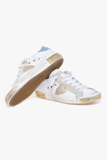 Sneaker Prsx in pelle con talloncino velluto azzurro/oro - 4