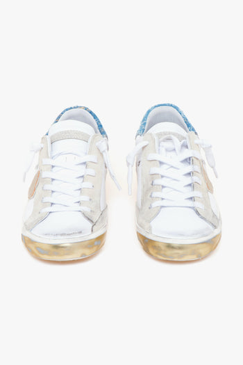 Sneaker Prsx in pelle con talloncino velluto azzurro/oro - 5