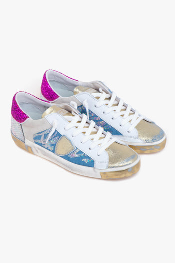 Sneaker PRSX in camoscio laminato, denim e pelle con pailettes e glitter - 2