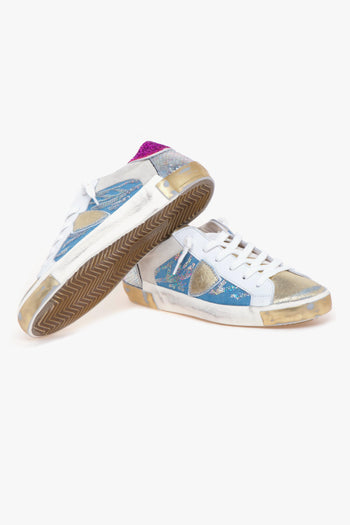 Sneaker PRSX in camoscio laminato, denim e pelle con pailettes e glitter - 4