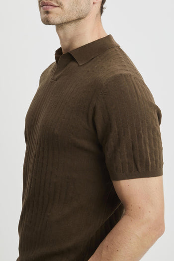 Polo open collar manica corta in cotone misto lino e seta - 4