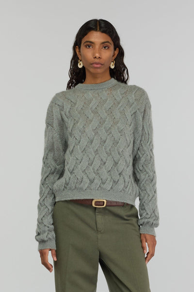 Maglia a trecce in mohair "Evita" con fiocco e abbottonatura dietro