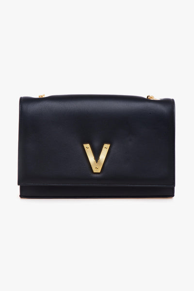 Tracolla in pelle con patta e "V" zigrinata gold