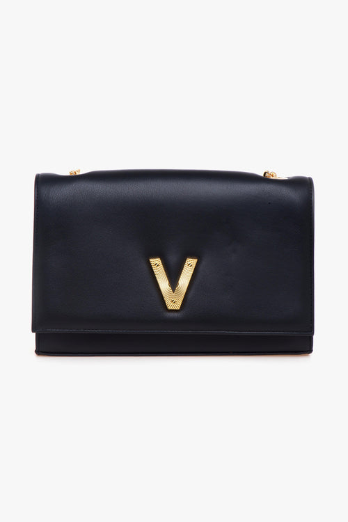 Tracolla in pelle con patta e "V" zigrinata gold