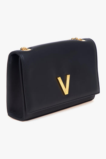 Tracolla in pelle con patta e "V" zigrinata gold - 4