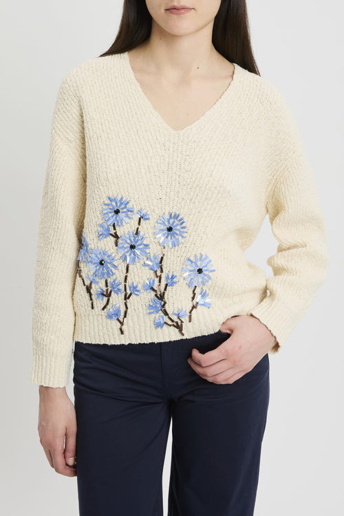 Maglia manica lunga Marcela in cotone con scollo a V e ricamo con paillettes