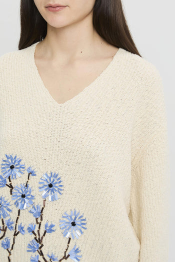 Maglia manica lunga Marcela in cotone con scollo a V e ricamo con paillettes - 2
