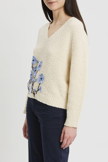 Maglia manica lunga Marcela in cotone con scollo a V e ricamo con paillettes - 4