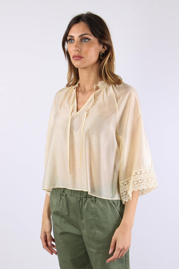 Camicia Mussola Macrame Manica Ecru - 3