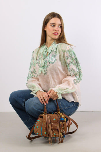 Camicia Lino Fantasia Inserto Nappine Crema/verde - 10