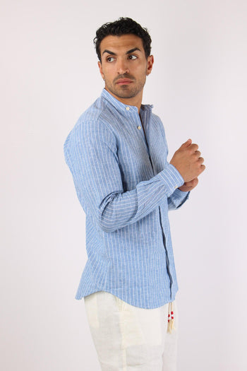 Camicia Coreana Lino Righe Azzurro/bianco - 5