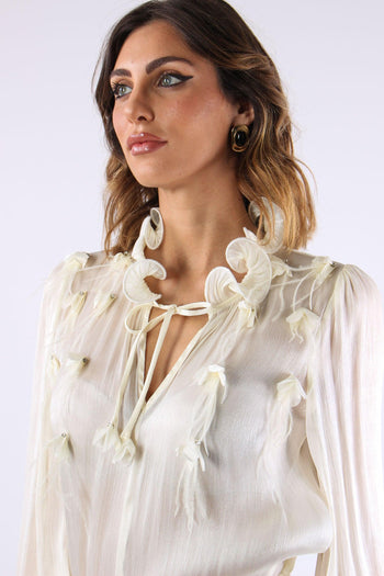 Camicia Effetto Spalmato Inserto Piume Panna - 9
