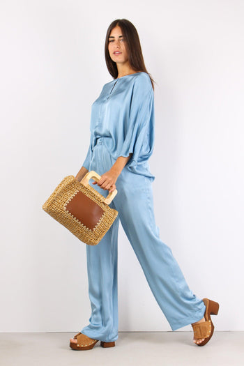 Pantalone Palazzo Effetto Raso Azzurro - 4
