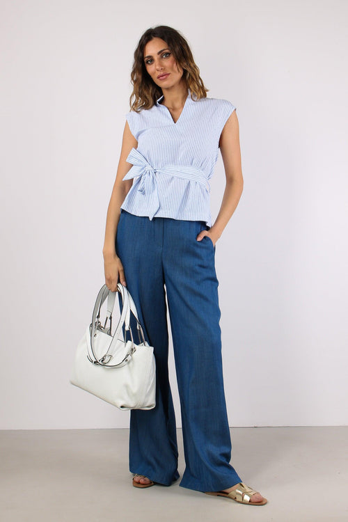 Camicia Smanicata Strass Cintu Blu