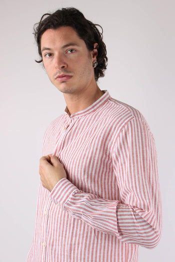Camicia Coreana Lino Riga Corallo - 7