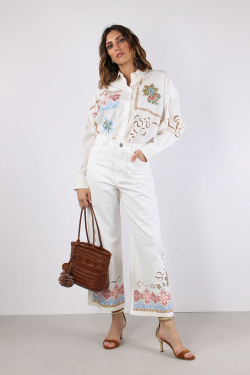 Adunco Pantalone Fondo Ricami Off White