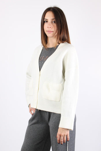 Cardigan Canettato Tasca Bianco Lana - 6