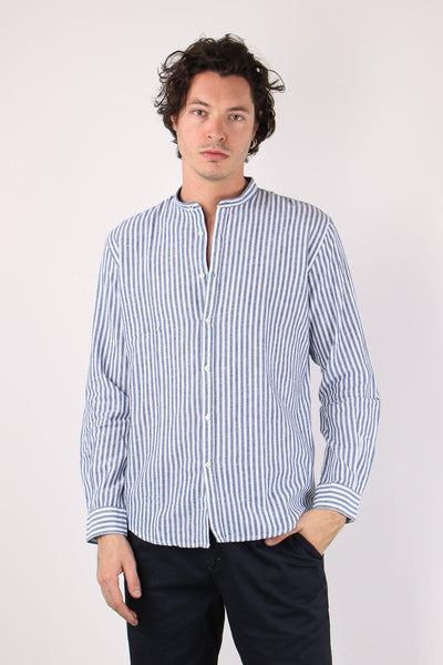 Camicia Coreana Lino Riga Blu Navy