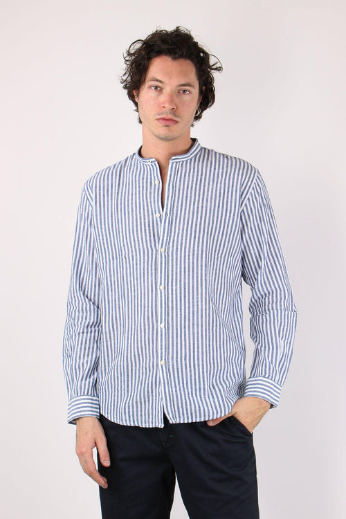 Camicia Coreana Lino Riga Blu Navy