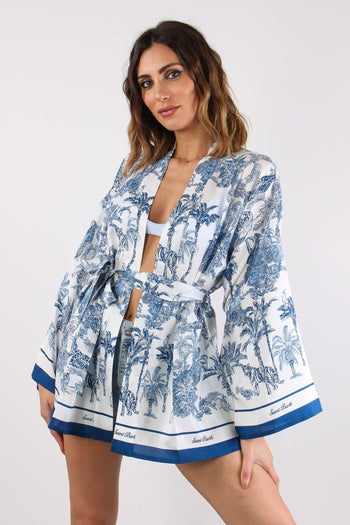 Kimono Cintura Fantasia Palme Bianco/blu - 2