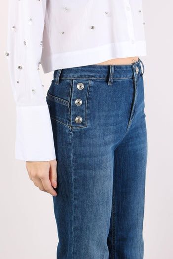 Jeans Flare Bottoni Argento Denim Scuro - 6