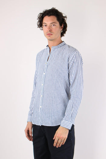 Camicia Coreana Lino Riga Blu Navy - 3