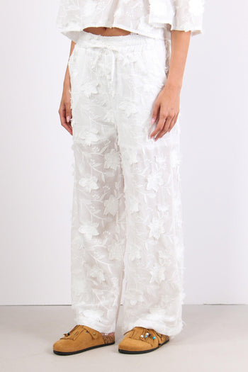 Pantalone Applicazione Fiori Bianco - 3