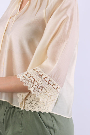 Camicia Mussola Macrame Manica Ecru - 7