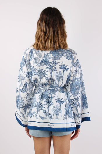 Kimono Cintura Fantasia Palme Bianco/blu - 4