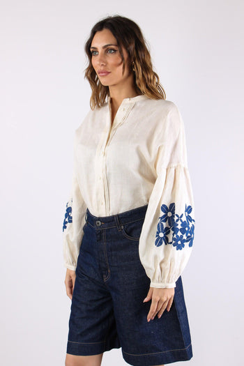 Destro Camicia Lino Ricami Ecru - 3