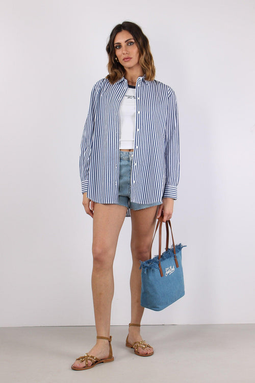 Camicia Cotone Riga Ricamo Schiena Bianco/blu