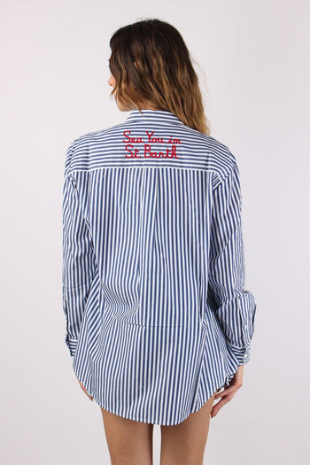 Camicia Cotone Riga Ricamo Schiena Bianco/blu - 4