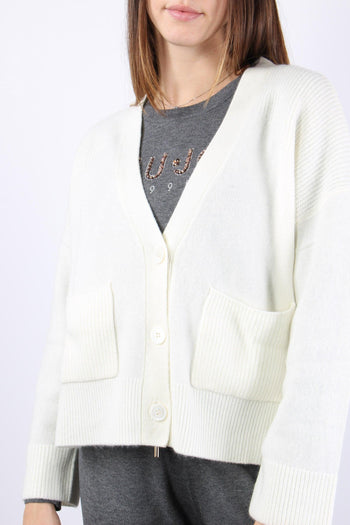 Cardigan Canettato Tasca Bianco Lana - 5