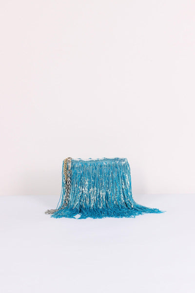 Pochette Paillettes Frange Torquoise