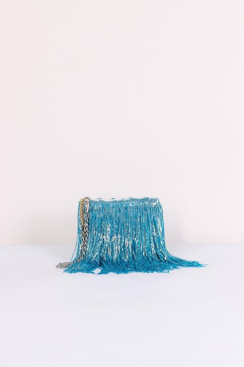 Pochette Paillettes Frange Torquoise
