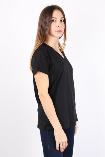 T-shirt Scollo V Taschino Stra Nero/strass - 4