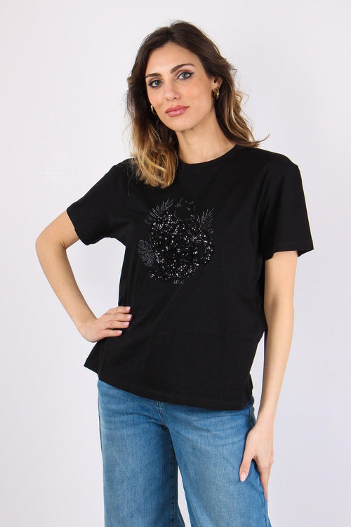 T-shirt Stampa Strass Nero Panther